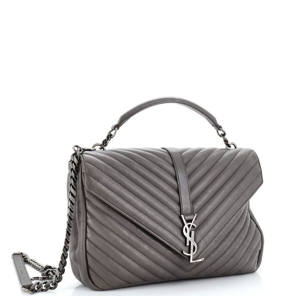 Saint Laurent Classic Monogram College Bag Matelasse Chevron Leather Large Gray - Picture 2 of 12